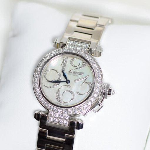 [5745-1] Pasha Cartier WJ12320G 32mm Watch 18k White Gold & Diamonds Box & Papers