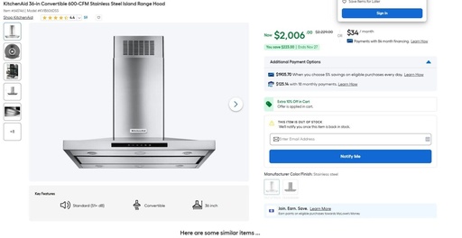 [JP] KitchenAid - 36in - Convertible - Island Range Hood - SS  -KVIB606DSS4 Open Box