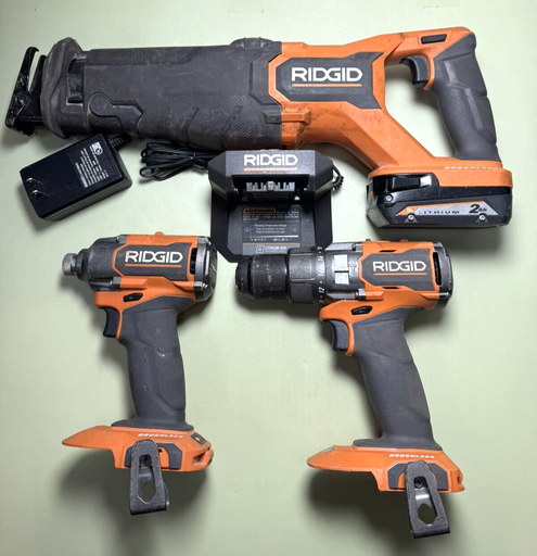 [8860-1] RIDGID Power Tool Combo Set - Reciprocating Saw, 2x Impact Driver, Charger, Bat