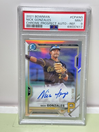 [9131-1] 2021 Bowman Chrome Prospects Auto Refractor /499 Nick Gonzales #CPANG Auto PSA 9
