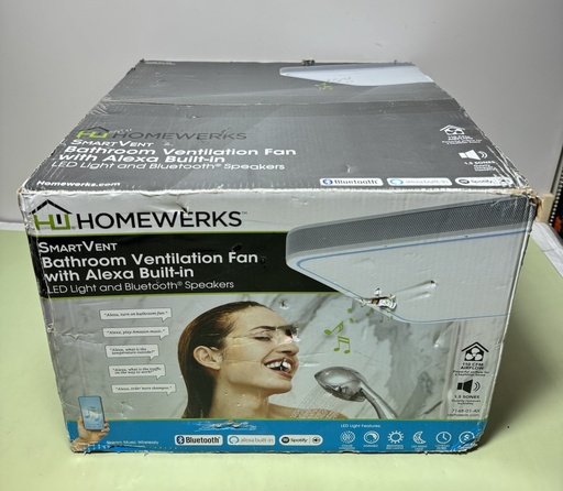 [9399-2] Homewerks 7148-01 110CFM SmartVent Bath Fan Bluetooth Speakers LED Light Alexa