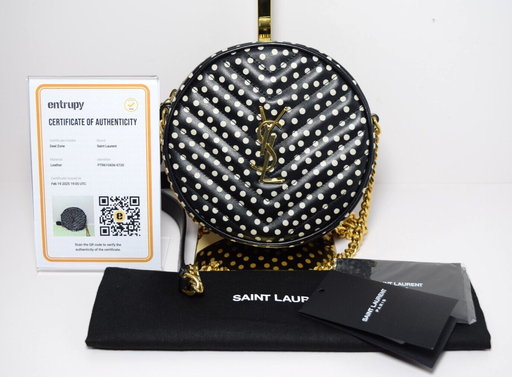 [9578-1] Saint Laurent YSL Black & White Round Quilted Polka-Dot Crossbody Bag