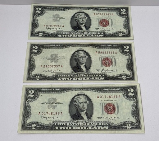 [I-1045] Lot of 3 $2 Bills Red Seal 1963 1963 1953 A
