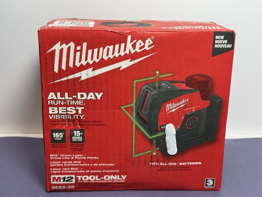 [10615-1] New - Milwaukee 3622-20 M12 Green Laser Level - Red/Black